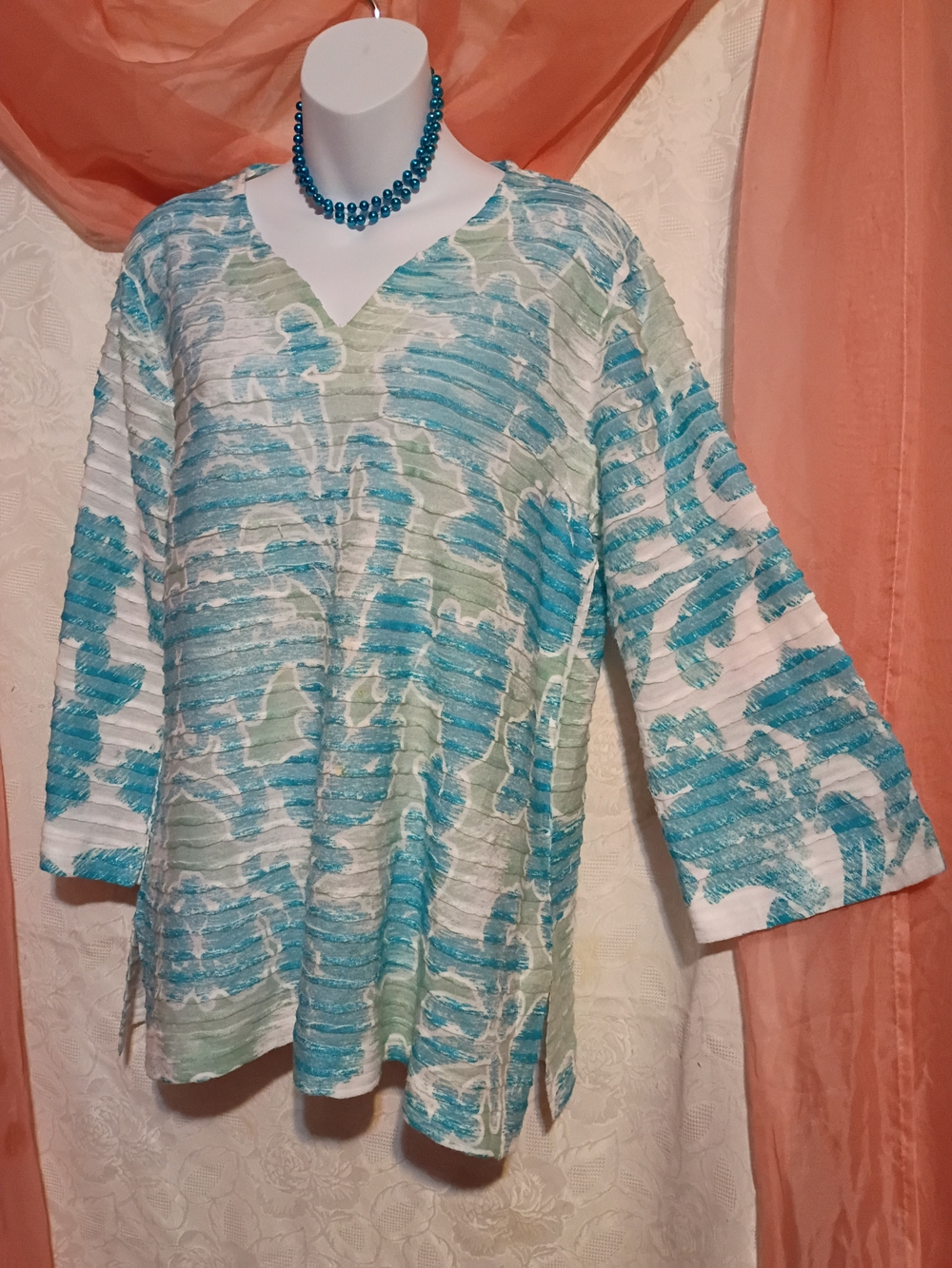 Before & Again Women's Textured V-Neck Blouse in Aqua & Cream Sz XL